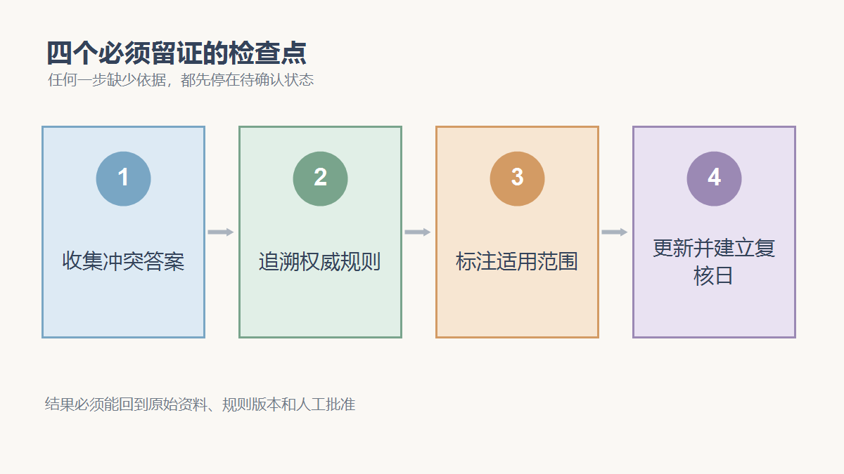 收集冲突答案、追溯权威规则、标注适用范围、更新并建立复核日四个检查点