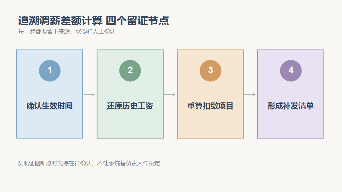 确认生效时间、还原历史工资、重算扣缴项目、形成补发清单四个检查节点