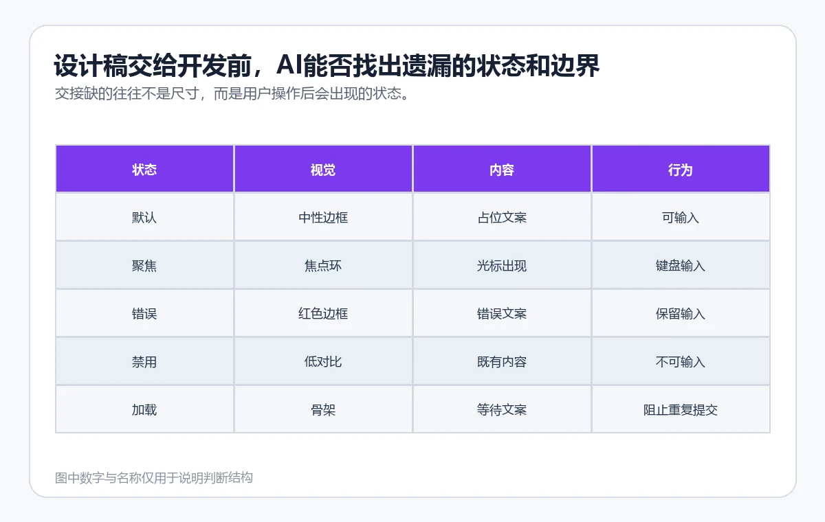 输入框组件交接矩阵包含默认、聚焦、错误、禁用和加载状态