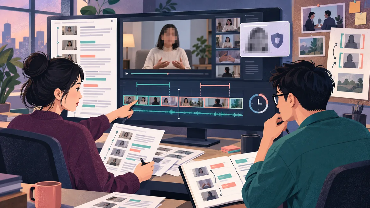 客户成功、销售或用户研究人员处理客户访谈精华视频的平面卡通工作场景
