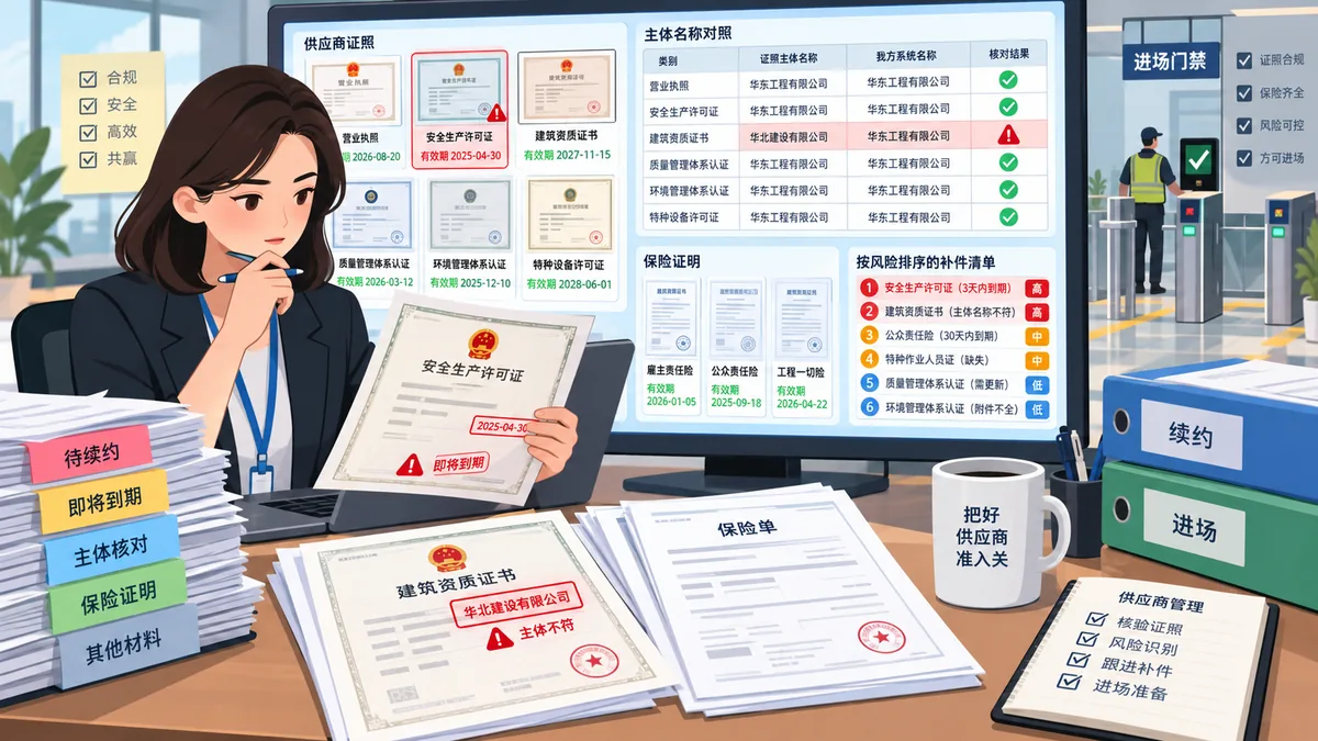 供应商管理或行政采购人员处理供应商资质预警的卡通工作场景
