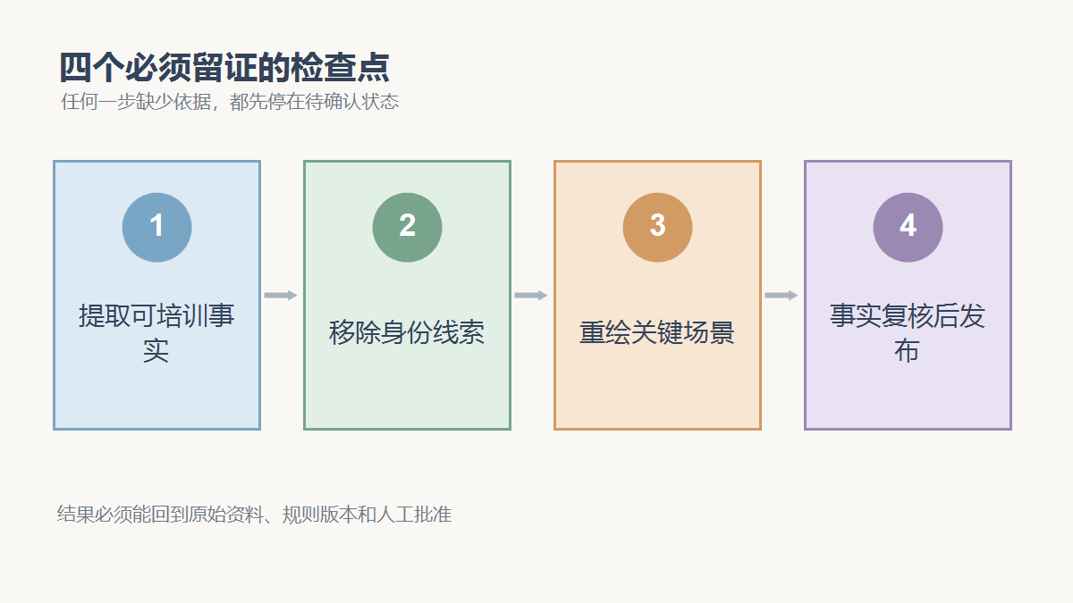 提取可培训事实、移除身份线索、重绘关键场景、事实复核后发布四个检查点