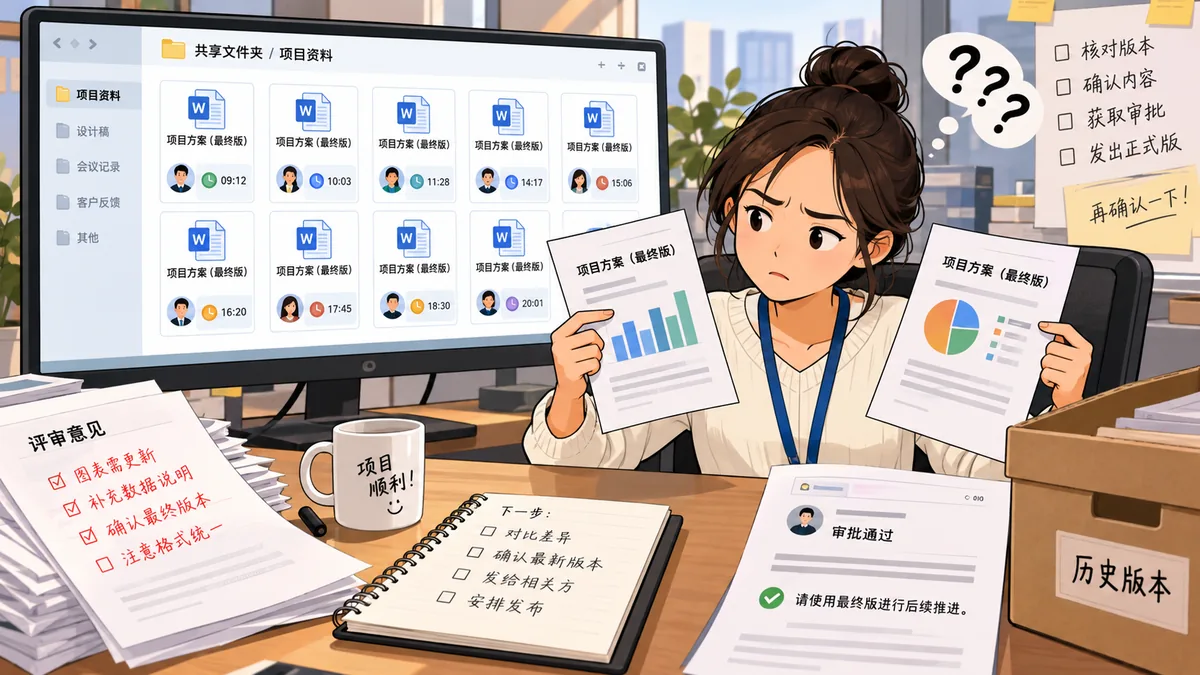 接手多人协作文档的项目协调人处理共享盘版本判定的工作场景