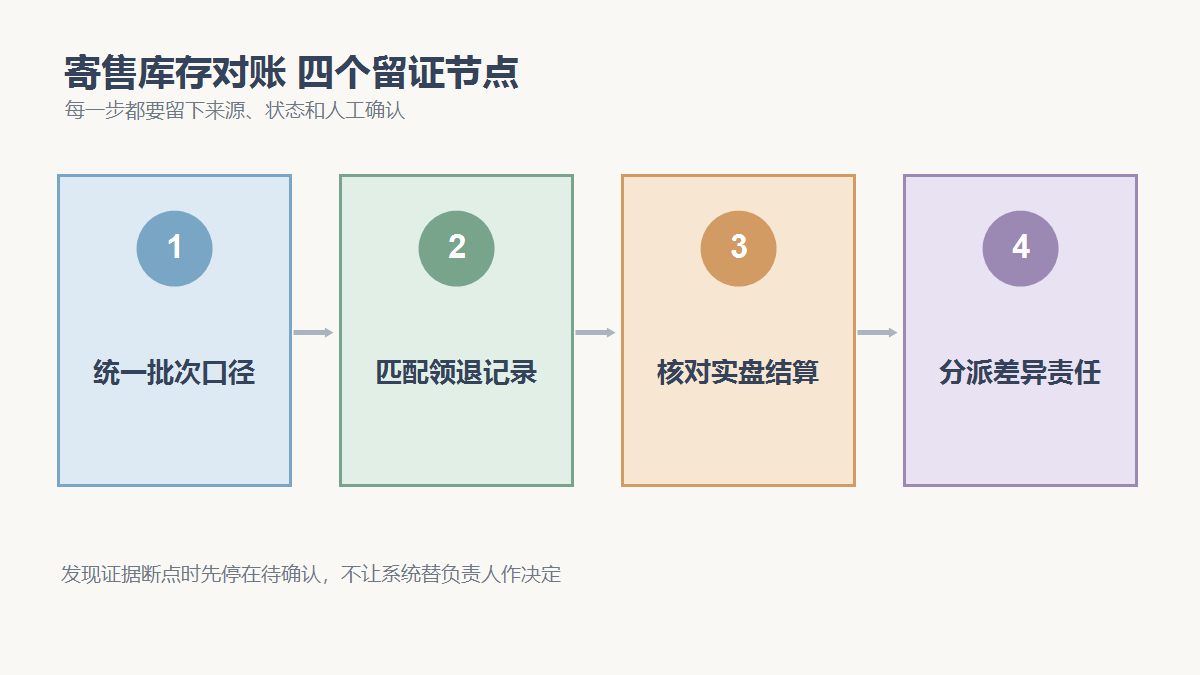 统一批次口径、匹配领退记录、核对实盘结算、分派差异责任四个检查节点
