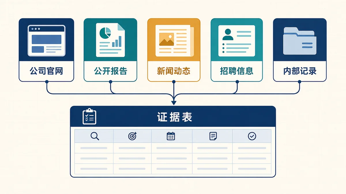 公司官网、公开报告、新闻动态、招聘信息和内部记录汇入客户证据表