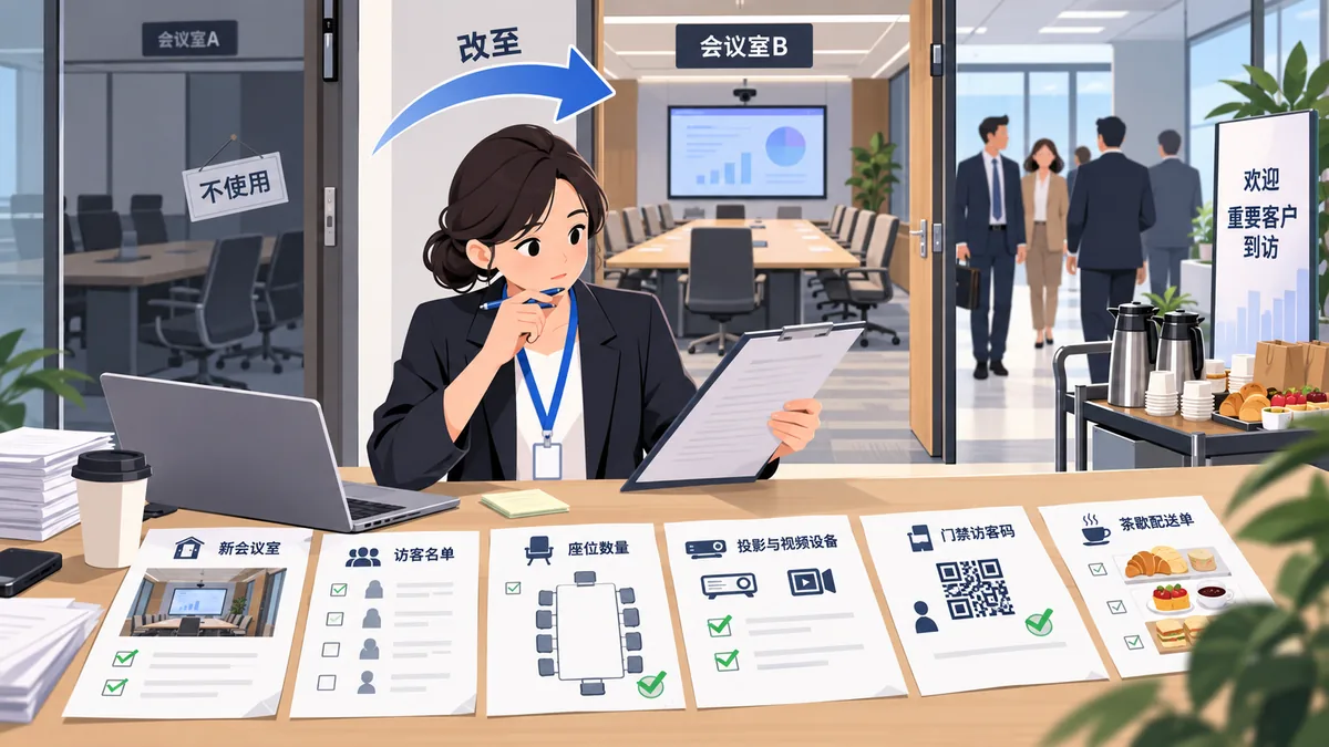 负责客户接待的行政人员或客户经理处理客户到访变更的卡通工作场景