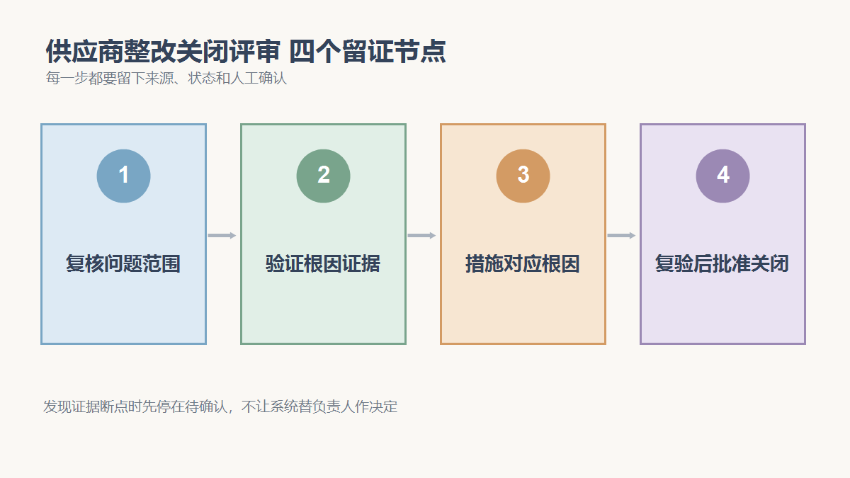 复核问题范围、验证根因证据、措施对应根因、复验后批准关闭四个检查节点