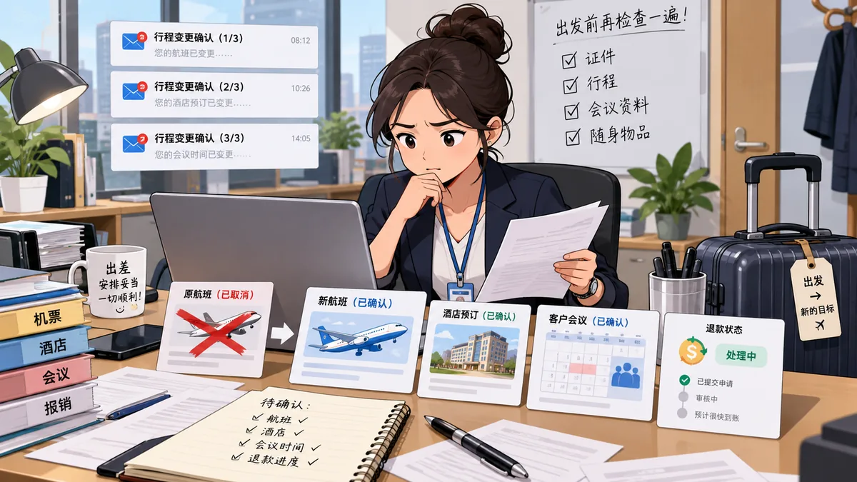 频繁出差的员工或负责行程的行政助理处理变更后行程核对的工作场景