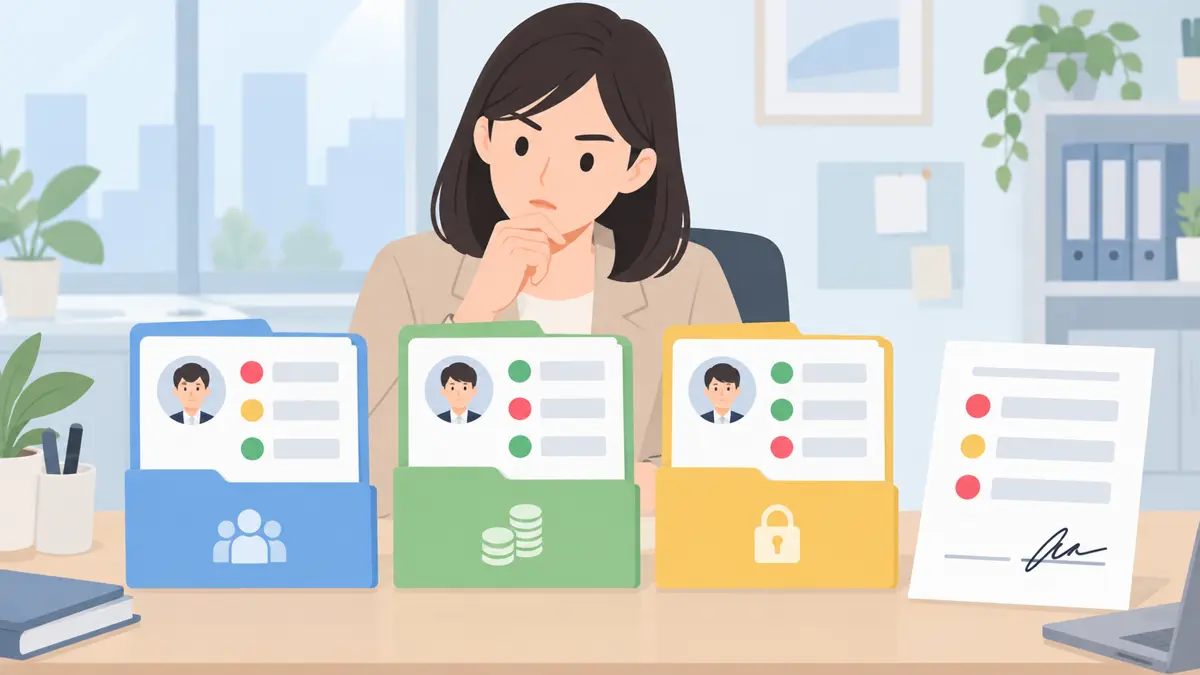 HR运营或人事系统管理员处理日常人员变更后人事、薪酬和权限系统出现主数据差异的淡色平面卡通场景