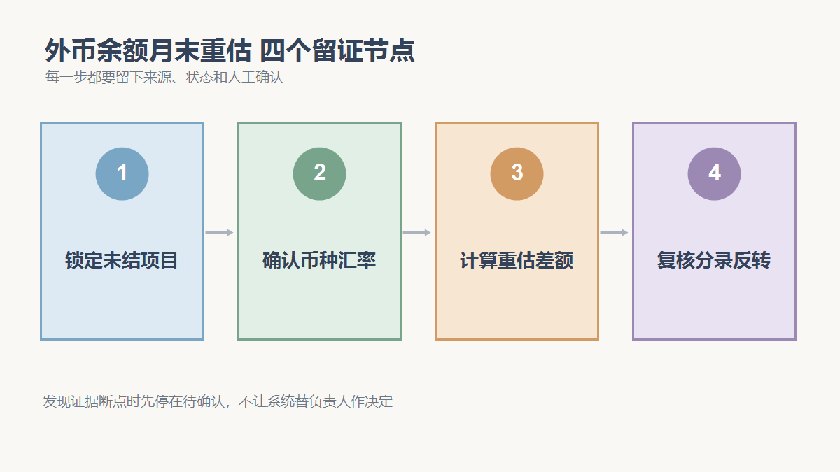 锁定未结项目、确认币种汇率、计算重估差额、复核分录反转四个检查节点