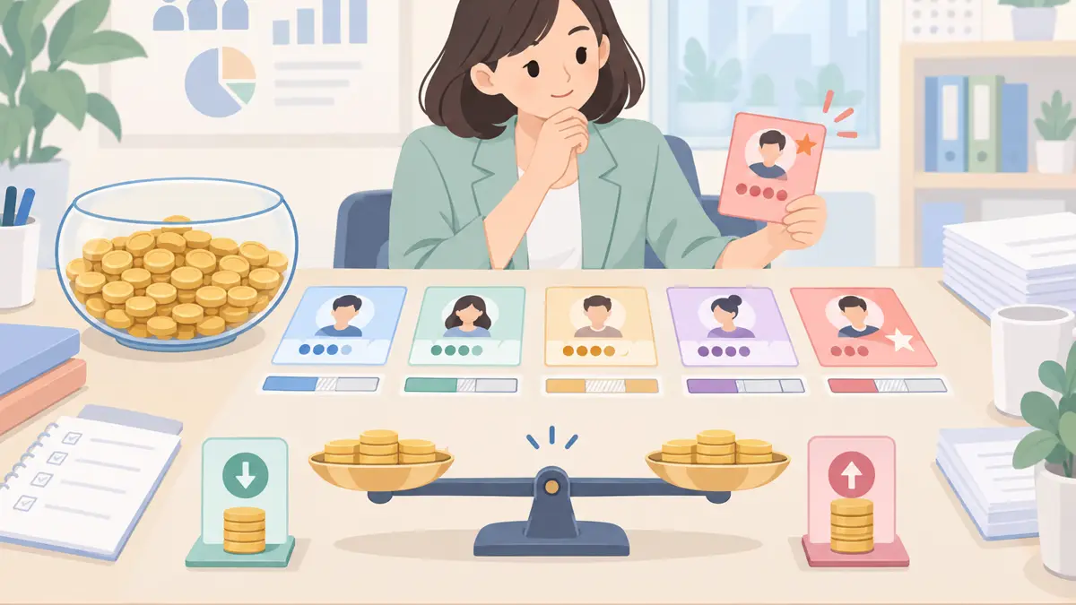 薪酬绩效专员正在处理绩效结果确定后需要在固定奖金池内完成个人分配的淡色平面卡通场景
