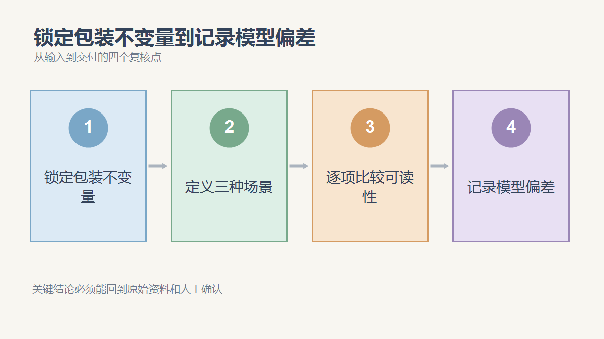 锁定包装不变量、定义三种场景、逐项比较可读性、记录模型偏差四个复核点