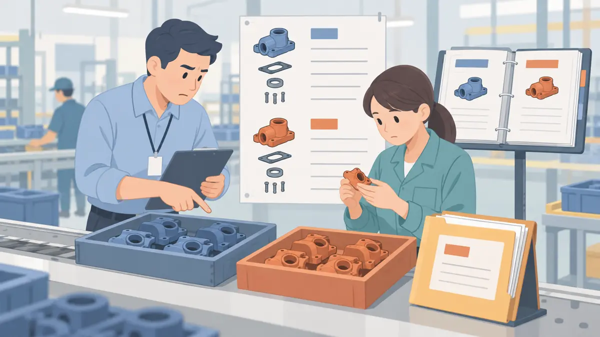 工程变更协调人、计划员或生产质量人员处理设计或工艺变更已经生效，但在制订单、库存和现场文件的切换时间不同的淡色平面卡通场景
