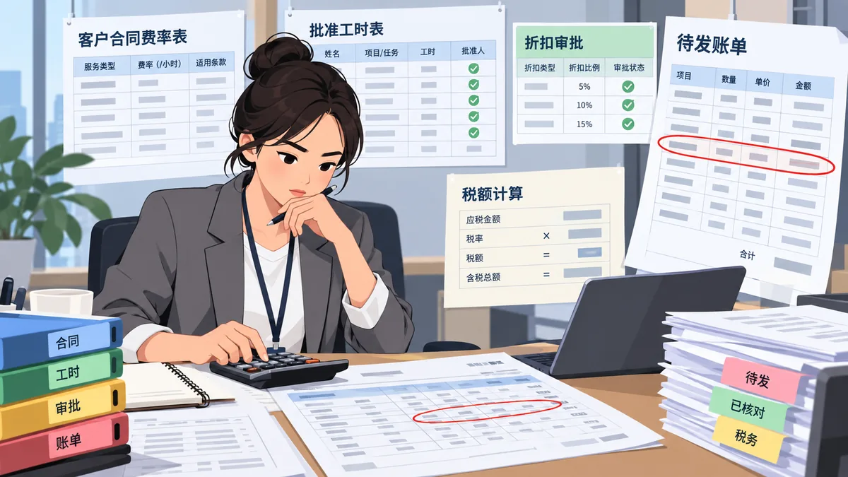 项目财务或专业服务团队的开票人员处理客户账单复核的卡通工作场景