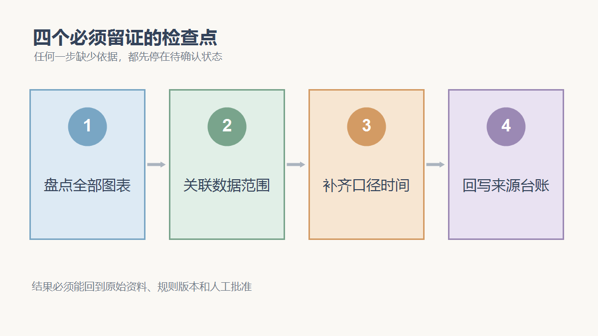 盘点全部图表、关联数据范围、补齐口径时间、回写来源台账四个检查点