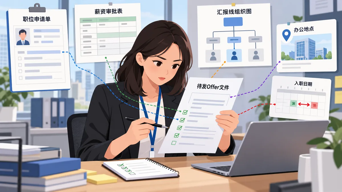 招聘运营或人力资源业务伙伴处理录用文件检查的卡通工作场景