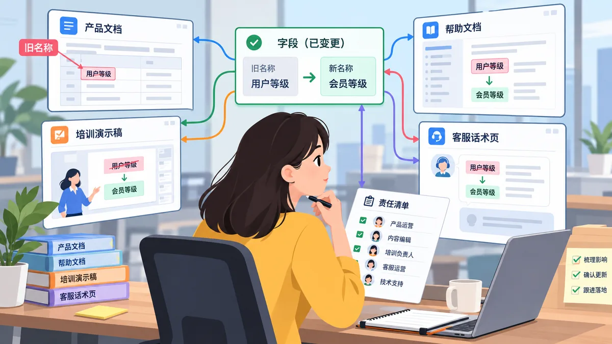 负责产品变更落地的产品运营或知识管理人员处理产品变更影响检查的卡通工作场景