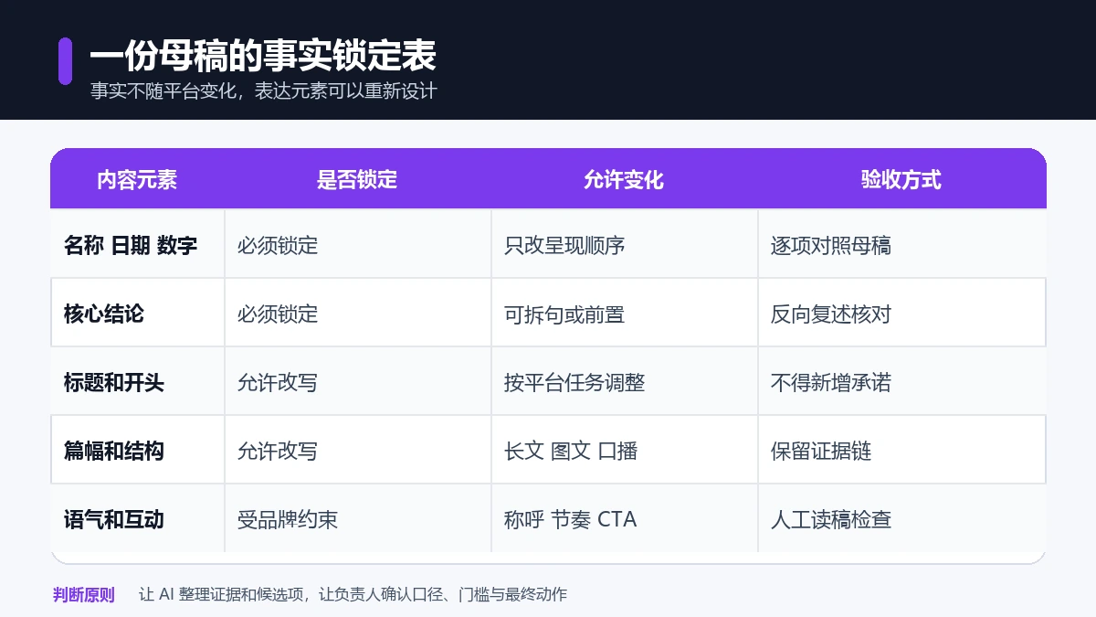 多平台内容事实锁定矩阵区分必须固定的名称数字结论与允许变化的标题结构语气和互动
