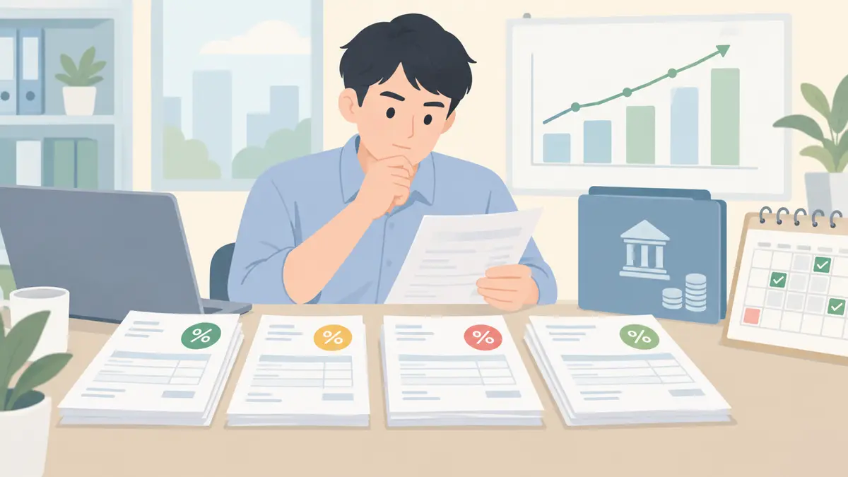 资金经理或应付账款负责人处理付款批次中出现可提前付款换取折扣的发票的淡色平面卡通场景