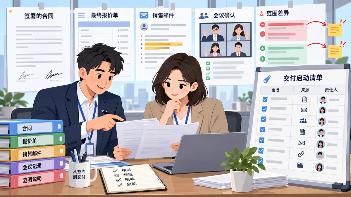 负责新客户启动的销售运营或交付经理处理销售交付交接的卡通工作场景