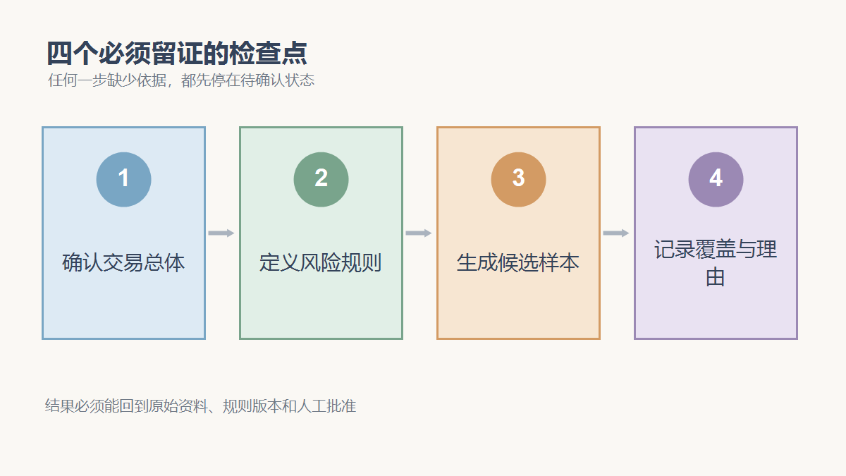 确认交易总体、定义风险规则、生成候选样本、记录覆盖与理由四个检查点