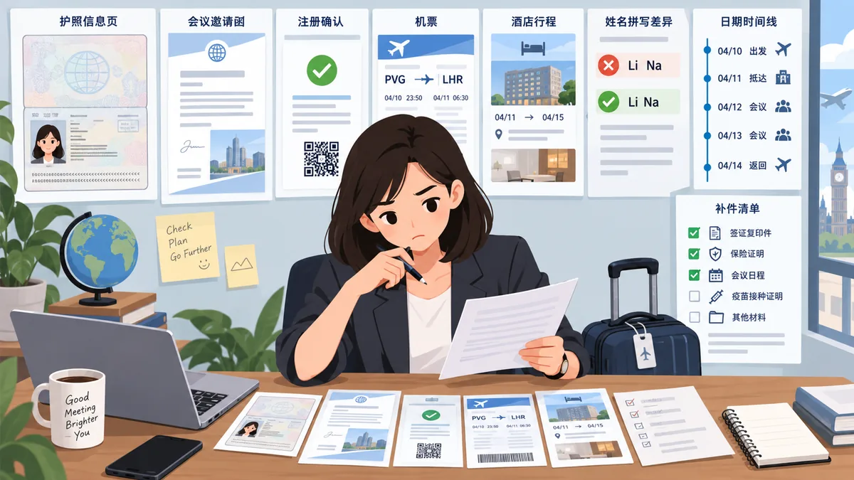 准备出国参会的员工或负责材料的行政助理处理跨境参会材料检查的卡通工作场景