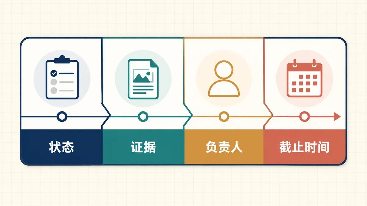 工作周报中的状态、证据、负责人和截止时间四个关键字段