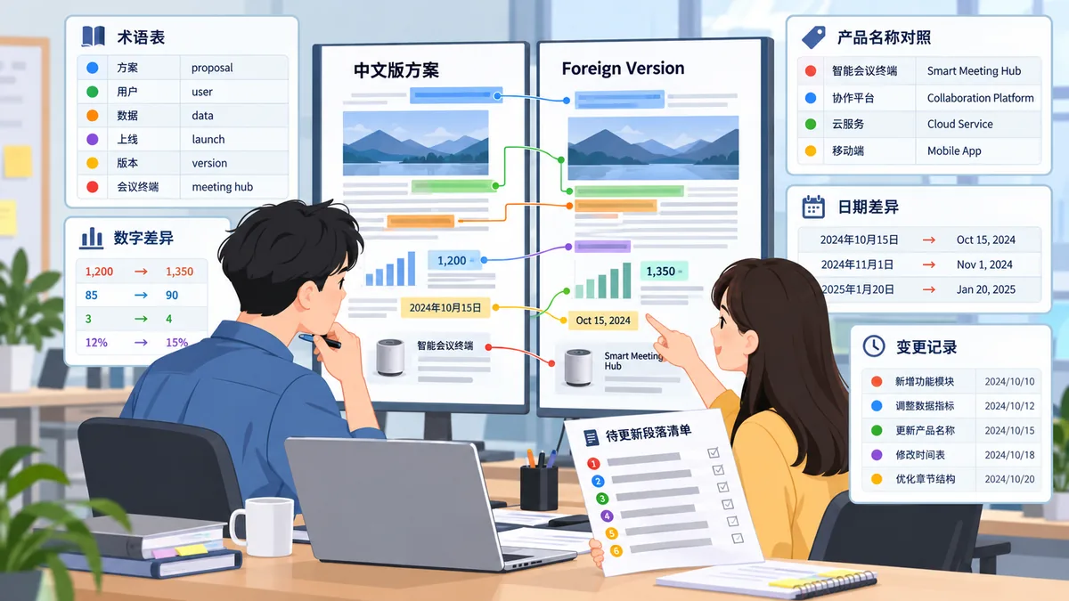 维护多语言方案和客户材料的市场或项目人员处理中外文方案同步的卡通工作场景