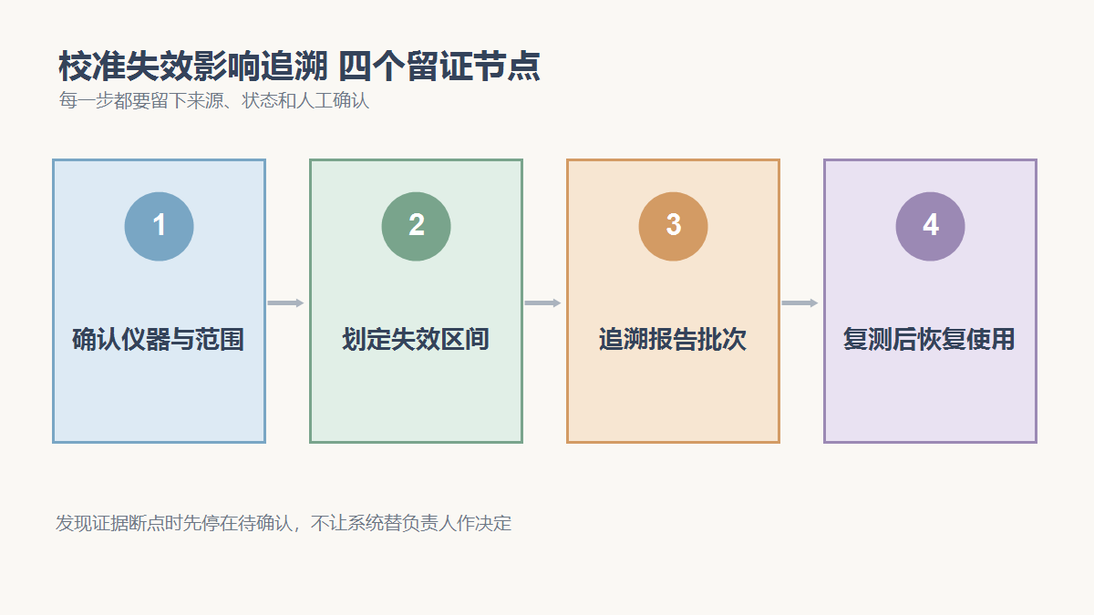 确认仪器与范围、划定失效区间、追溯报告批次、复测后恢复使用四个检查节点