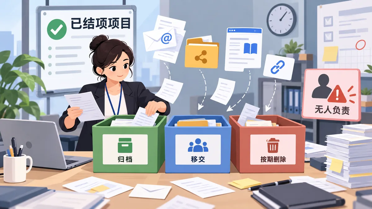 完成项目结项的项目经理或项目办公室人员处理结项资料处置的卡通工作场景