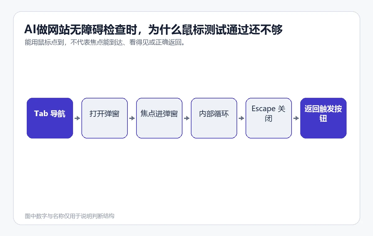 键盘用户从导航进入弹窗、在弹窗内循环焦点并用 Escape 返回触发按钮的路径