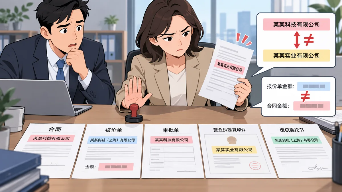 负责合同用印材料终审的行政、商务或法务人员在合同、报价、审批单和营业执照中的主体名称、金额或签约方不一致时暂停操作并核对关键证据