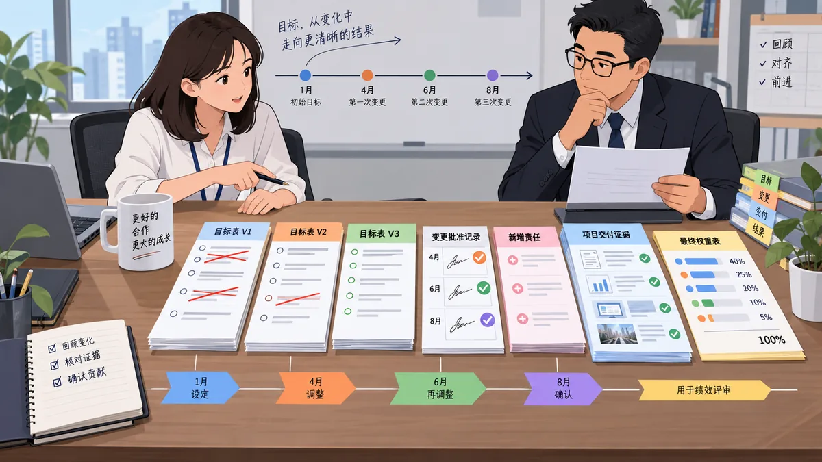 参加绩效评审的员工和直属经理处理绩效目标还原的卡通工作场景