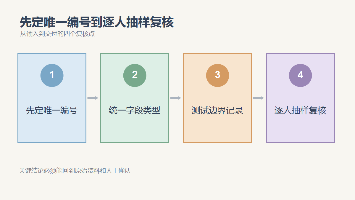 先定唯一编号、统一字段类型、测试边界记录、逐人抽样复核四个复核点