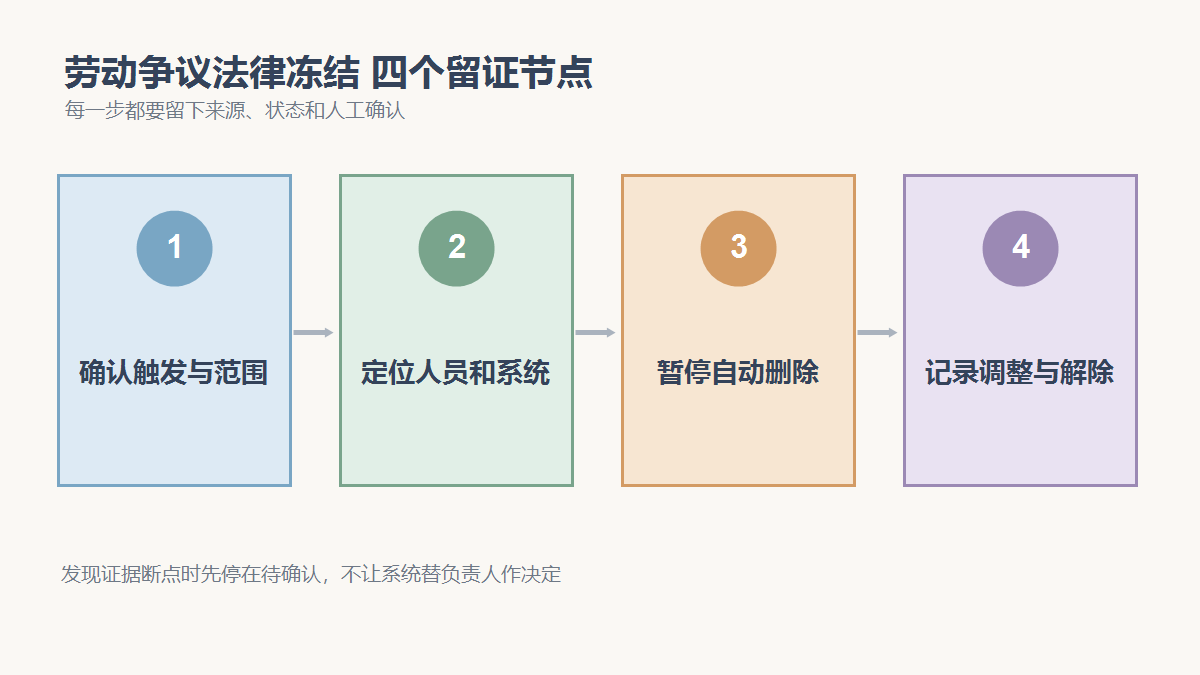 确认触发与范围、定位人员和系统、暂停自动删除、记录调整与解除四个检查节点