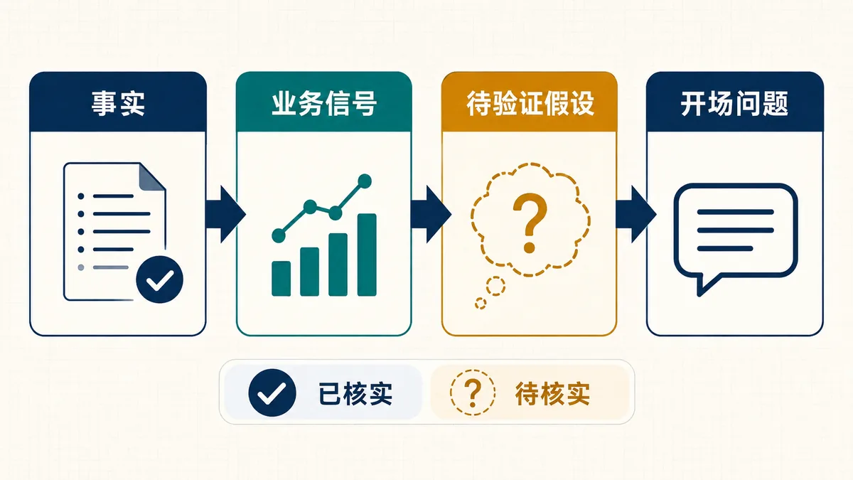 从事实、业务信号和待验证假设形成开场问题的四阶段流程