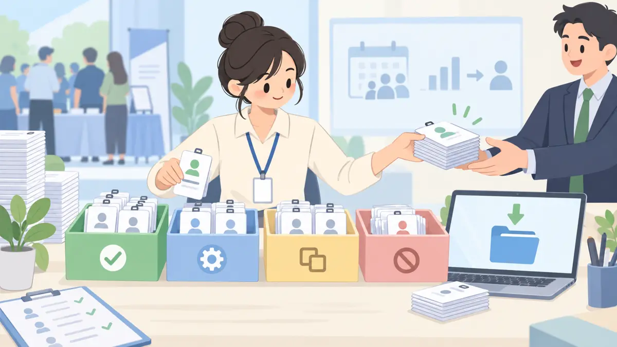 市场运营或销售运营处理线下活动或网络研讨会结束后需要把报名和参会名单交给销售的淡色平面卡通场景