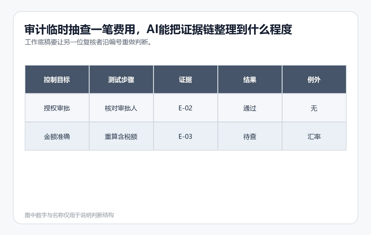 虚构审计底稿列出控制目标、测试步骤、证据编号、结果、例外和复核人