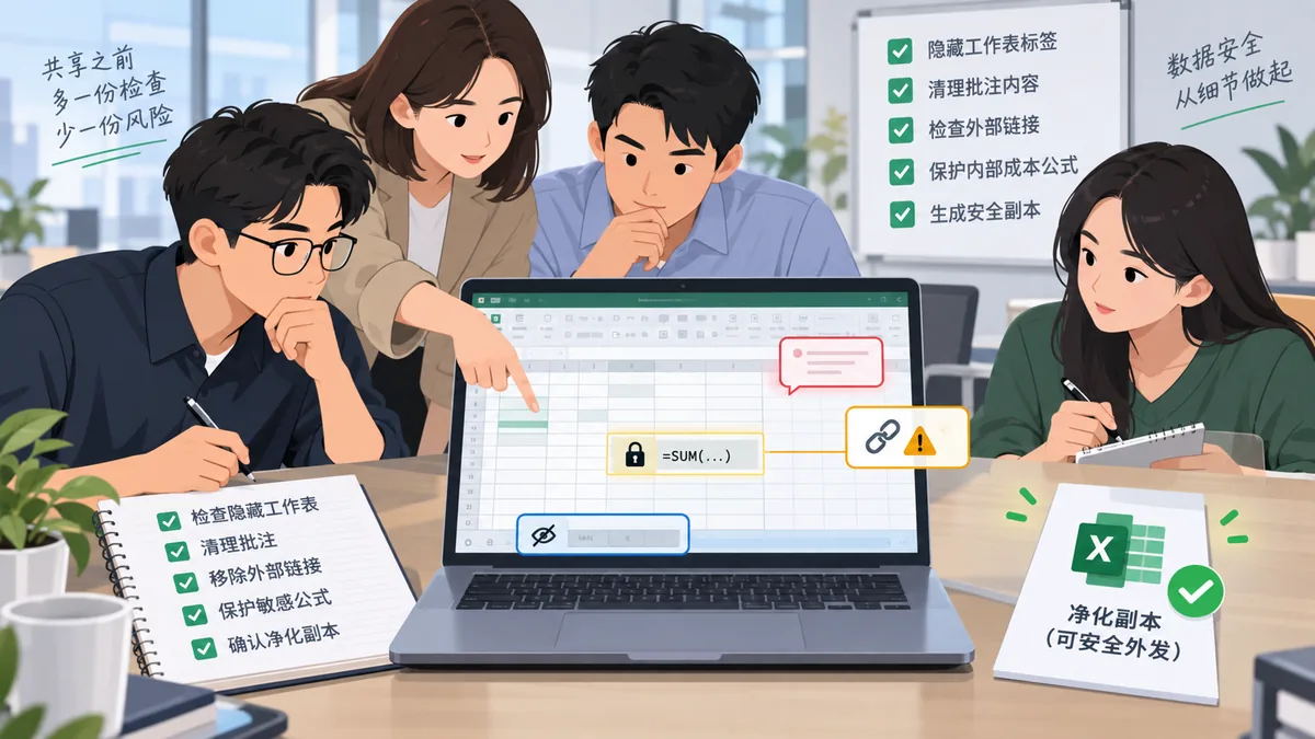 需要向客户或供应商发送工作簿的项目成员处理工作簿外发检查的卡通工作场景