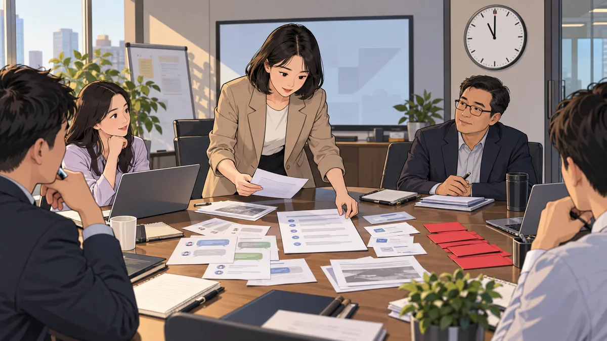 主持跨部门例会的项目负责人正在处理一页会议议程的真实工作场景