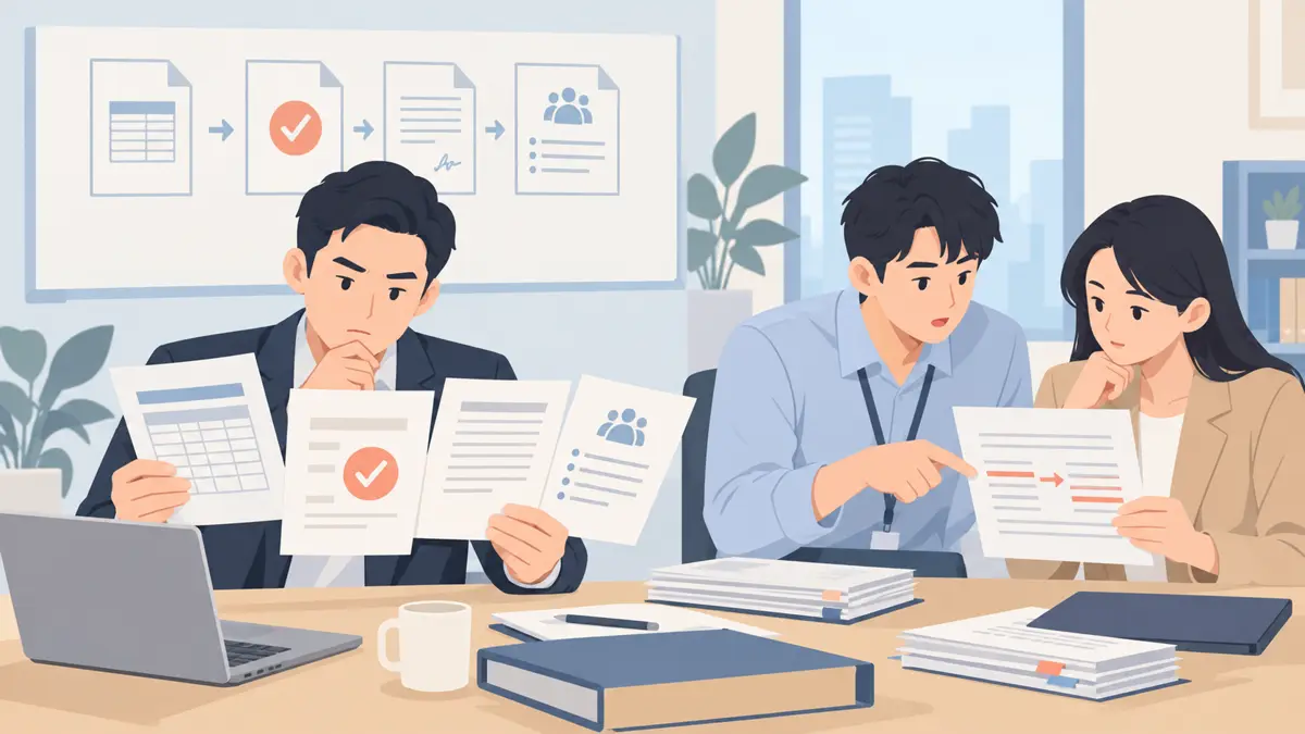 销售运营或合同管理员处理客户修改合同草案后与内部批准报价出现商业条件差异的淡色平面卡通场景