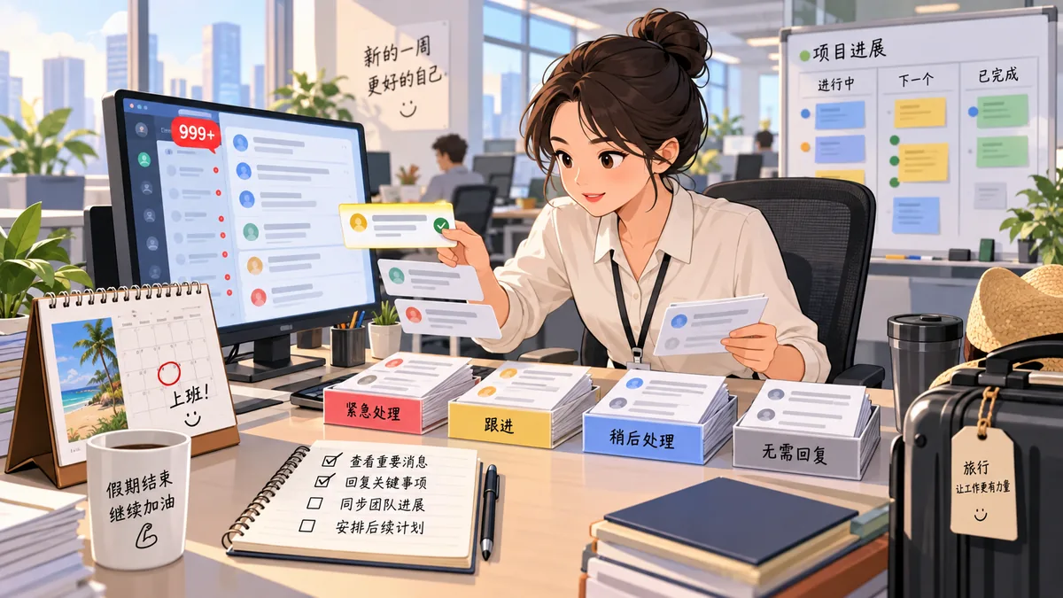 休假后重新接手工作的项目成员处理返岗追读简报的工作场景