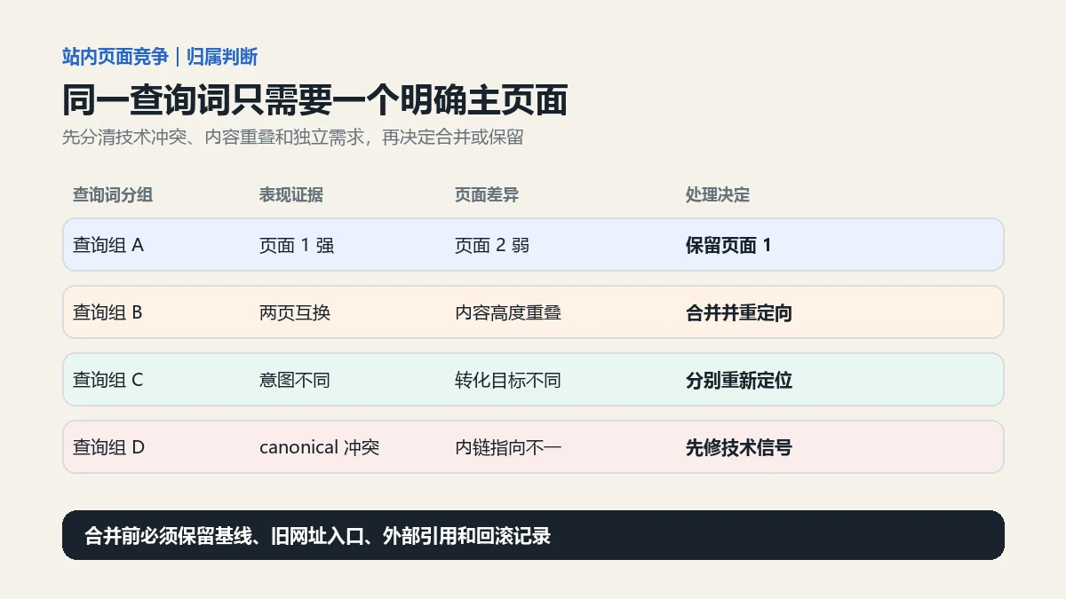 查询词分组根据页面表现、内容差异和技术信号进入保留、合并、重新定位或技术修复决定