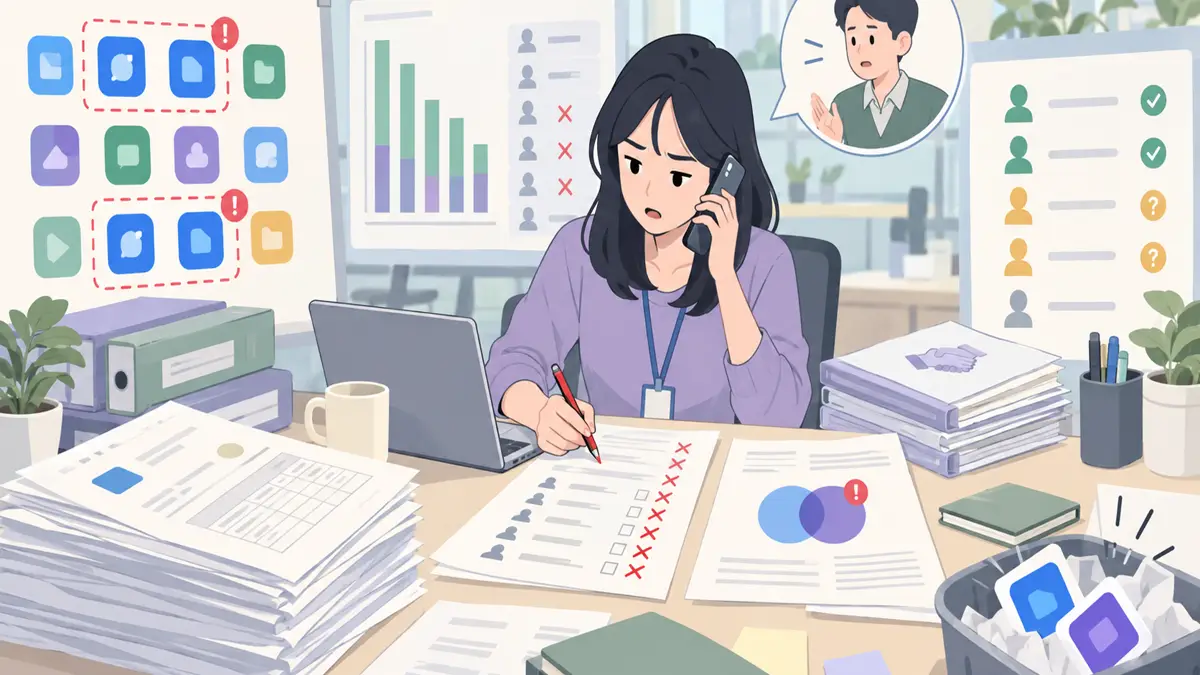 IT资产、采购或财务运营人员处理年度软件续费集中到期,但采购记录和实际使用情况分散的淡色平面卡通场景