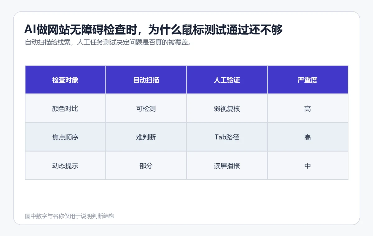 无障碍检查矩阵列出对比度、焦点、标签、角色与动态提示的自动和人工验证方式