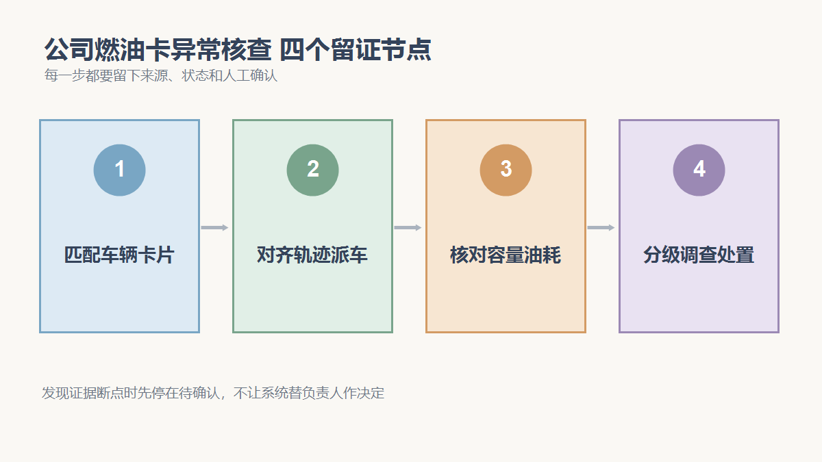 匹配车辆卡片、对齐轨迹派车、核对容量油耗、分级调查处置四个检查节点