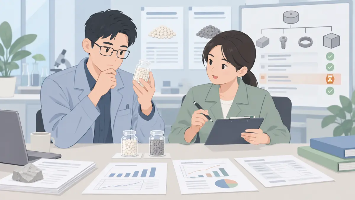 采购工程师或质量工程师处理原材料断供或交期失控，需要在生产前评估替代材料的淡色平面卡通场景