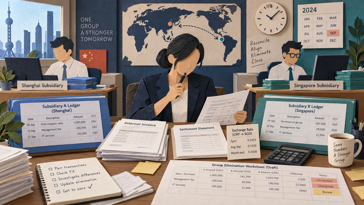 集团合并会计或子公司财务负责人处理内部往来对账的纸雕拼贴卡通场景