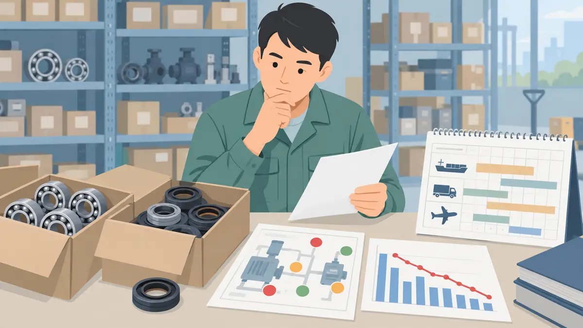 设备维护或备件计划员处理维修任务因关键备件缺货延误，同时大量低价值备件长期积压的淡色平面卡通场景
