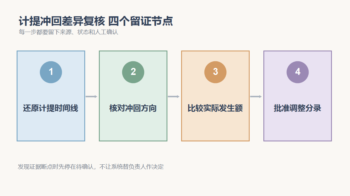 还原计提时间线、核对冲回方向、比较实际发生额、批准调整分录四个检查节点